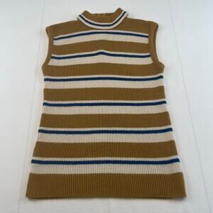 Vintage 1960s Tan Cream Blue Striped Knit Tank Top, Turtleneck, Zip, Size Small